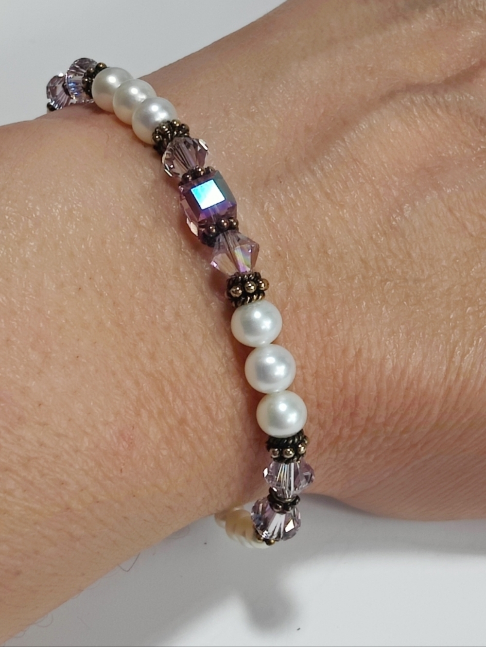 Elegant Freshwater Pearl Bracelet with Aurora Borealis Crystals 14K Gold Filled